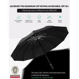 XIXVON Umbrella Plus (12 Ribs, Black) | UPF 50+ 99% UV Protection, Strong Metal Shaft, Sturdy Windproof, Travel Portable | Automatic Folding Umbrella