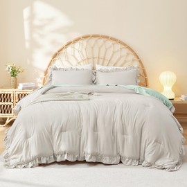 Litanika Linen Grey King Size Comforter Set, 3 Pieces Ruffle Farmhouse Aesthetic Bedding Comforter Set, All Season Soft Lightweight Fluffy Microfiber Bed Set(104x90In Comforter, 2 Pillowcases)