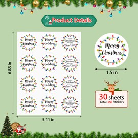 Lucleag 360PCS Christmas Lights Stickers for Kids, Christmas Holiday Lights Stickers for Envelope Greeting Cards, Christmas New Year Envelopes Seals Stickers Gift Present Wrap Decoration, 1.5inch