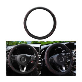 JNNJ Car Steering Wheel Covers, Non-Slip Steering Wheel Cover Made of Breathable Leather, Elastic Microfibre Leather, Ribbed without Inner Ring, Steering Wheel Cover (Red)