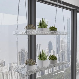 Sturdy Water-Ripple Window Plant Shelves, Clear Acrylic Window Plant Hanger, 2-Tier Adjustable Hanging Plant Stand for Indoor Windows Grow Succulents, Herbs, Flower