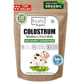 Leafy Organic Colostrum Powder (100Gram) 3.5 oz Grass Fed, Gut Health Bloating Immunity Skin & Hair, Gluten & Fat Free (3.5) oz