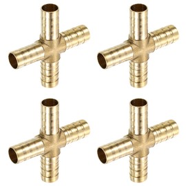 QUARKZMAN Pack of 4 Brass 4-Way Pipe Fittings, 3/8 Inch (10 mm) Cross Piece Hose Connector for Water/Fuel/Air Transport Connecting Pipes