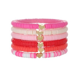 KZL Valentine's Day Love Heart Heishi Surfer Beaded Multilayer Stretch Bracelets Cute Pink Red Polymer Clay Gold Beads Elastic Stackable Bracelets for Women Valentine's Day Jewelry Gift-Set A