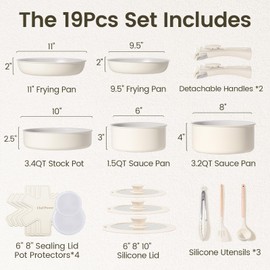 Chef Power Chef Power Ceramic Nonstick Pots and Pans Set 19 Piece with Detachable Handle, Induction Dishwasher Oven Safe Cookware Set, RV Kitchen Set Removable Handle, Granite Grey and White