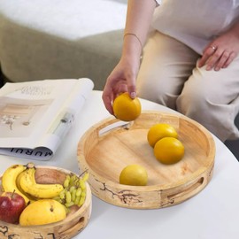 Decorative Coffee Table Tray,Wooden Round Serving Tray for Living Room, Round Wood Tray for Ottoman or Side Table,Charcuterie Board or Cheese Platter,Set of 2 Countertop Wooden Fruit Tray Baskets