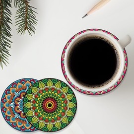 ANATTASOUL 9 Pcs Mandala Pattern Wood Coasters, 10cm Art Round Coasters Craft Supplies for Drinks Absorbent Kitchen Dining Room Decoration