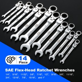 Prostormer 14-Piece SAE Flex-Head Ratcheting Wrench Set, 1/4" to 1" Combination Wrench Kit with Storage Case, 72 Tooth, Cr-V Steel Constructed