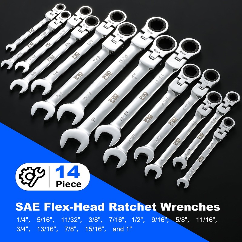 Prostormer 14-Piece SAE Flex-Head Ratcheting Wrench Set, 1/4" to 1"