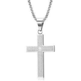 Stainless Steel Christian Cross Necklace Lord's Prayer Pendant Jewelry Gift for Men Women Chain 23.6" (Steel)
