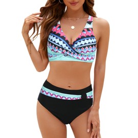 SEAFORM Womens Two Piece Swimsuits Wrap Front Bikini High Waisted Bottom Tummy Control Bathing Suits Vintage Print Swimwear, Blue, Large