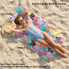 Cartoon Cat Oversized Beach Towel,Cat Faces Lightweight Quick Dry Beach Towels for Adult,Extra Large Sand Free Thin Absorbent Towel for Travel Sports Swim Beach Yoga Camping,29.5” X 59”