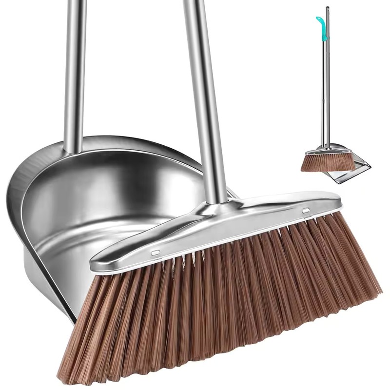 Stainless Steel Broom & Dustpan Set with Long Handles, Round
