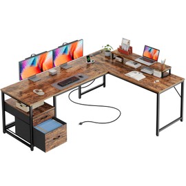PRAISUN 63 Inch L Shaped Desk with Power Outlets and USB-C Port, Computer Corner Home Office Desk with File Fabric Drawers and Movable Monitor Stand, Larger Storage, Gaming, Writing, Rustic Brown
