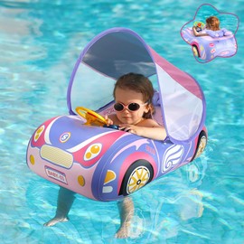 Baby Pool Float with Canopy, PVC Baby Swim Float with Sun Shade Cover, 3D Car Toddler Pool Float Swimming Floats Seat Boat for 12-18, 12-24 Months, Age 2-3, 3+ Years (Pink Canopy)