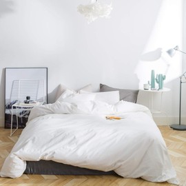 SUSYBAO 3 Pieces Duvet Cover Set 100% Natural Washed Cotton King Size Off White Bedding Set 1 Solid White Duvet Cover with Zipper Ties 2 Pillowcases Luxury Quality Ultra Soft Comfortable Breathable