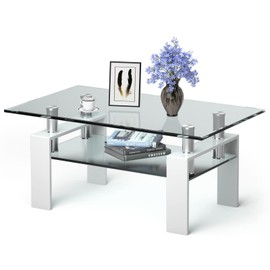 LUARANE Glass Coffee Table, 2 Tier Central Table with Lower Storage Shelf Tempered Glass Tabletop, Modern Cocktail Table with Metal Frame, Tea Table for Living Room Home Office (White)