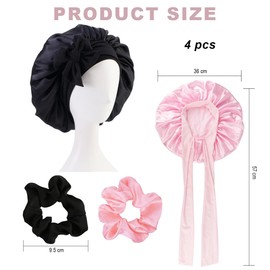 Duoleimi Pack of 2 Silk Bonet Sleep Cap with 2 Hair Elastics, Satin Hair Cap in Pink and Black for Hair Protection and Curls - Silk Bonnet Sleep Cap