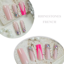 MERVF Long Press on Nails Square Hot Pink French Tip Fake Nails with Rhinestones Design Glue ons Nail Squoval Acrylic Luxury Supplies Art DIY Manicure Glossy 24pcs