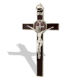 Crucifijo de pared de San Benito con esmalte de colores (plata-marrón)