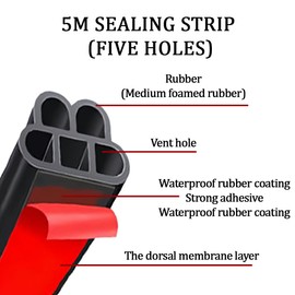 EIYVPRA Soundproof Sealing Strip for Cars, Car Door Seal, Universal Rubber Seal for Car Door, Edge Protection for Sheet Metal, Five Holes Double Layer Car Door Rubber Seal Edge Protection (5 m)