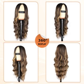 NOSTALGIA Brown Wigs for Women Brown with Blonde Highlight Lace Hairline Wig Middle Part Synthetic Heat Resistant Wig for Daily Party-26 Inch