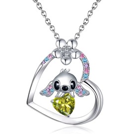 QUEENMOMENT Stitch Necklace Gifts for Girls Ohana Birthstone Necklace Birthday Gift Ideas Stitch Jewelry for Dog Lover Daughter Granddaughter Niece Teen Girl August