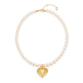 WOWORAMA Chunky Heart Necklace for Women Simulate Pearl Choker Necklace Gold Puffy Heart Pendant Necklace Lobster Clasp Adjustable Heart Pearl Necklace