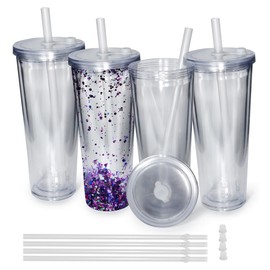 sweet grain Reusable Boba Cups(4 Pack) - 24oz Leak Proof Double Wall Acrylic Boba Cups and Lids and Straw for Smoothie and Iced Coffee, Pre-Drilled Snowglobe Tumbler with Hole Plug - Clear Lids
