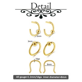 PiercingJak 16G Nose Piercing Fake Piercing Rings 8 mm Lip Piercing Gold Silver Stainless Steel Fake Nose Hoop Septum Helix Earrings Punk Jewellery Unisex, 3 Pairs, Stainless Steel