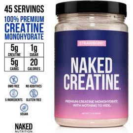 NAKED Creatine - Strawberry Flavored Creatine Monohydrate - Real Strawberry Powder, No Additives, Muscle Growth, Vegan, Non-GMO, Gluten Free, Soy Free - 45 Servings