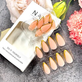 Gold French Tip Press on Nails Almond Long Length Artificial Acrylic Fake Nails Gold Stripes Design Nude Press Ons Glossy Stick on Nails Full Cover Reusable Coffin False Nail Glue on Nail for Women