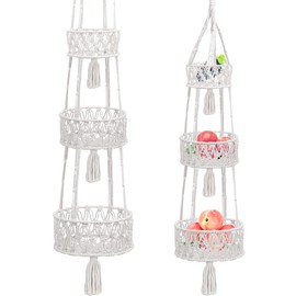 YANGUN 3-Tier Fruit Basket Hanging, Hanging Fruit Basket Boho Fruit Hanging Basket, Wall Hanging Fruit Baskets for Kitchen, Living Room, Bathroom, Bedroom, 110 cm (White)