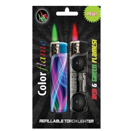 Amazing Color Flame Fire Butane Colorflame Colorful Torch Lighter Colored Flame Pocket Lighter Red Flame and Green Flame- 2 Pack (Swirl & Boom Box Radio)
