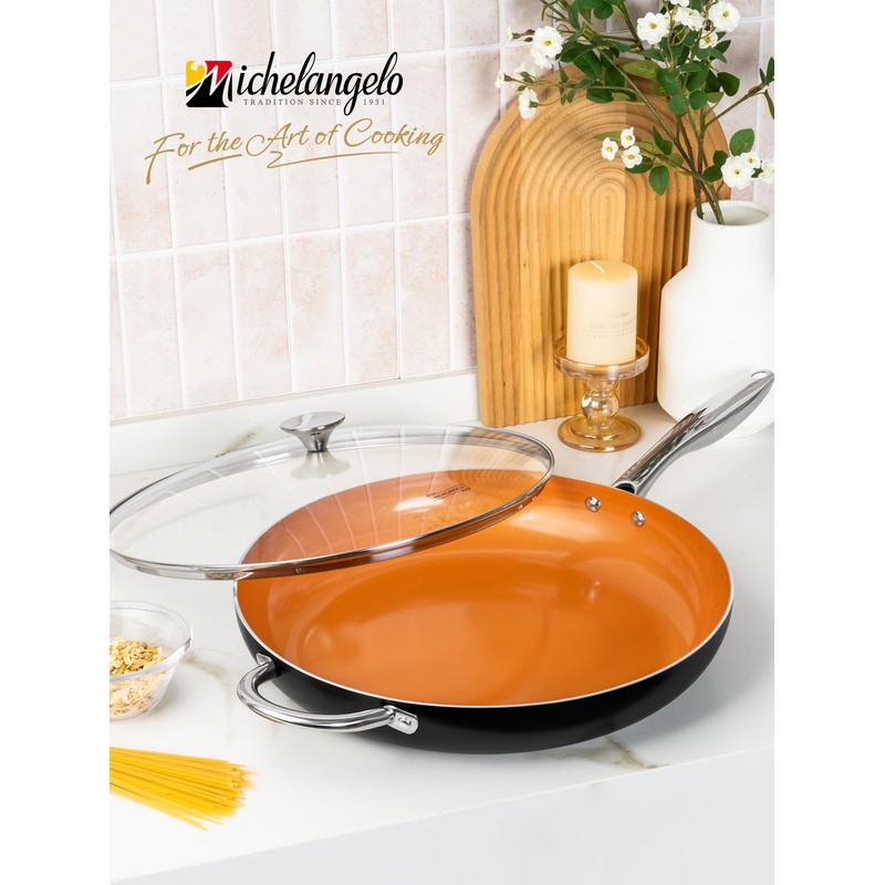 MICHELANGELO 10 Inch Copper Nonstick Frying Pan with Lid, Scratch