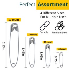 Hudinsun 180 PCS 4 Different Sizes Silver Safety Pins Assorted, Small and Large Safety Pins Bulk for Clothes and Sewing