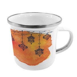Ambesonne Traditional Steel Camping Mug, Garland Look Exotic Folk Themed Oriental Art on Watercolor Blots, Printed Thermal Cup for Camping and Outdoor Activities, Vermilion Orange Black