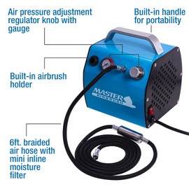 Master Airbrush Model TC-77, Super Quiet High Performance Airbrush Compressor with a 6 Inch Braided Hose with Mini-Inline Moisture Filter