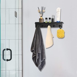 SIMVE Bathroom Towel Rack Wall Mounted, Rustproof Aluminium Shelf with 5 Bath Robe Hook, Decor Display Storage, Hot Tub Accessories, Hanging Hanger for Hat, Key, Bag Holder, Bathtub