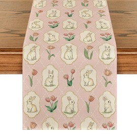 Artoid Mode Pink Lingge Bunny Tulips Easter Table Runner,Seasonal Spring Flowers Kitchen Dining Table Decoration for Home Party Decor 13x36 Inch