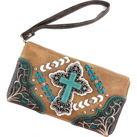 Justin West Embroidery Design Rhinestone Cross Shoulder Concealed Carry Handbag Purse (Brown Wallet)