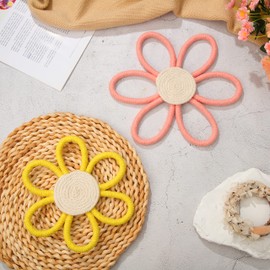 Boho Nursery Decor for Girl Daisy Flower Woven Macrame Wall Hanging Bohemian Nursery Home Wall Decor Nursery Wall Decor Flowers for Baby Girls Kids Nursery Dorm Decor (Brick Red, Yellow, 2 PCS)