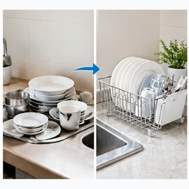 Small Stainless Steel Wire Dish Rack with Cutlery Cup – Compact Countertop Dish Drainer and Kitchen Organizer