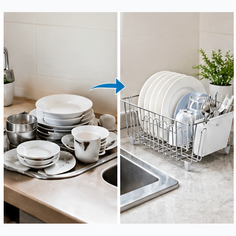 Small Stainless Steel Wire Dish Rack with Cutlery Cup –