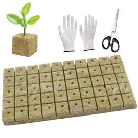 WANYI Rockwool Cultivation, Rockwool Cube, Rock Wool Insulation, Rock Wool Growing Propagation Mat with Scissors, Gloves for Bottomless Growing, Hydroponics, Transplanting, Pack of 50