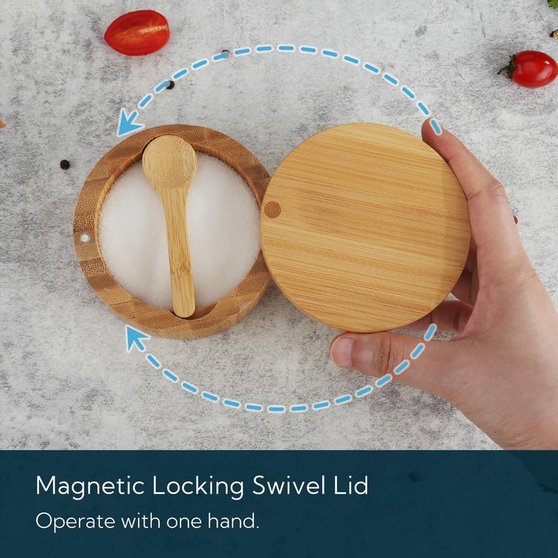 KITCHENDAO Bamboo Salt Box with Built-in Spoon to Prevent Dust,