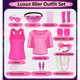 80s 90s Outfit Women's Neon 80s Outfit Party with Mesh Shirt, Tank Top, Bum Bag, Leg Warmer, Headband, Earring Necklace, 80s 90s Costume Accessory Set for Carnival Theme Party 029XL