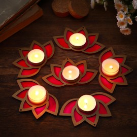 Bucherry 6 Pcs Diwali Lotus Decoration Lotus Flower Candle Holder with Candles Wood Flower Diwali Artificial Lotus Traditional Indian Decor for Diwali Puja Home Outdoor Party Decoration (Red)