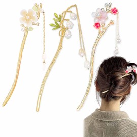 3 PCS Retro Flowers Hair Sticks Lily Chinese Hair Pins Pearl with Tassel Pendants Long Hair Pins Metal Updo Holders Hair Bun Hair Chopsticks Hair Accessories for Women Girls Handmade Decor Hairpin