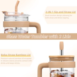 Chunmo 40 oz Glass Tumbler with 2 Lids - Bamboo Straw Lid & 2-in-1 Sip and Flip Straw Lid, Iced Coffee Cup with Handle, Glass Water Bottle with Silicone Sleeve, BPA Free - 1 Pack